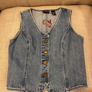 Y2K Denim Vest with Brass Buttons with dragon on back